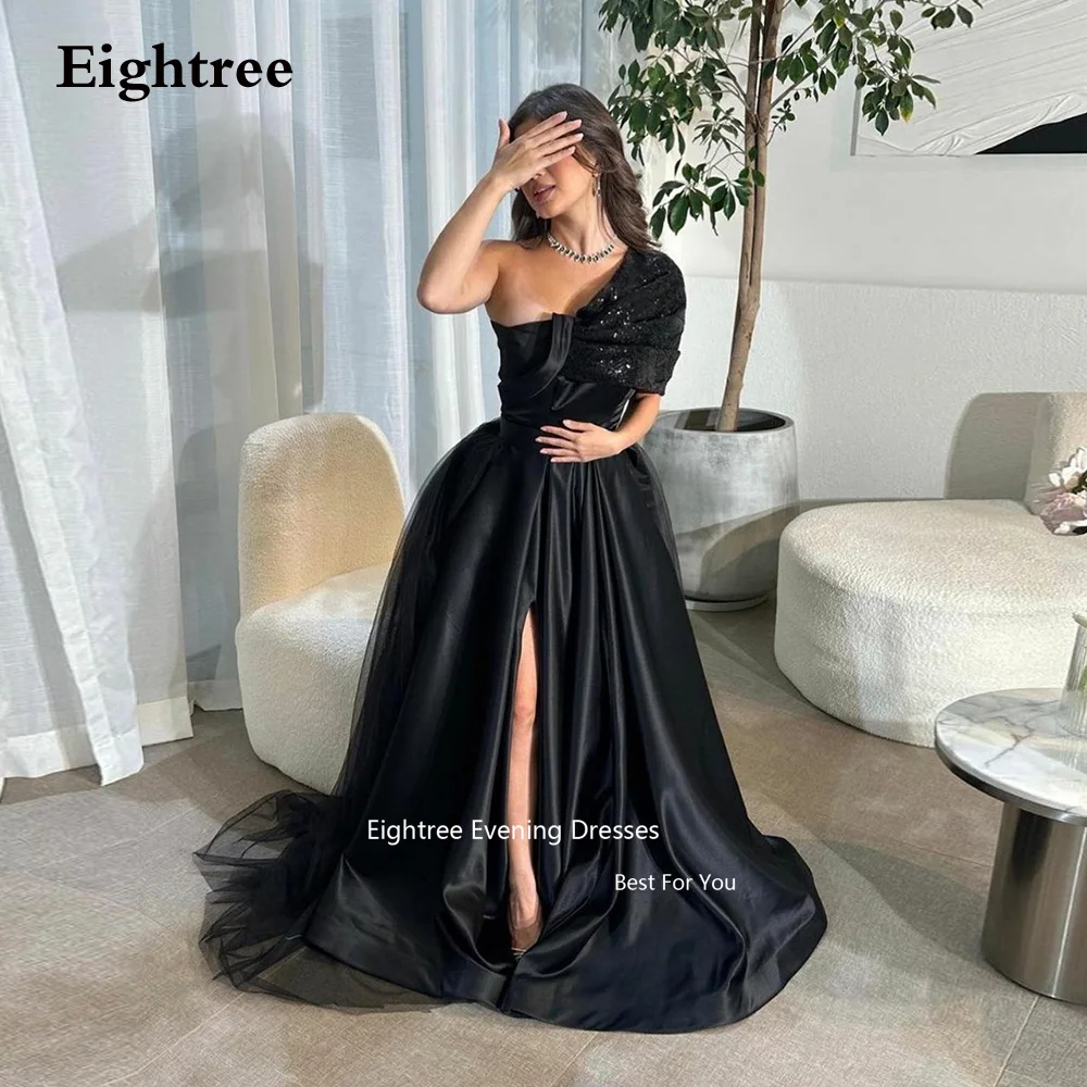 

Eightree Black High Slit One Shoulder Prom Dress Modern Long A Line Satin Abendkleider Dubai Dresses For Women 2023 New Fashion