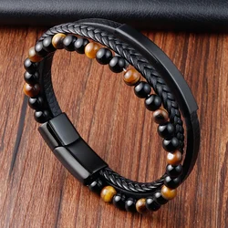 Simple Braided Bracelet Black/Brown Natural Beads Braided Men's Bangle 20.5cm Homme Fashion Jewelry Boyfriend Gift
