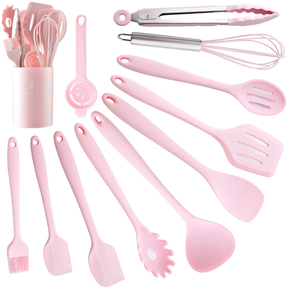 

12Pcs Pink Silicone Cooking Utensils Set Non-Stick Pan Baking Tools Kitchenware Spatula Spoon Food Tongs Kitchen Kit with Box