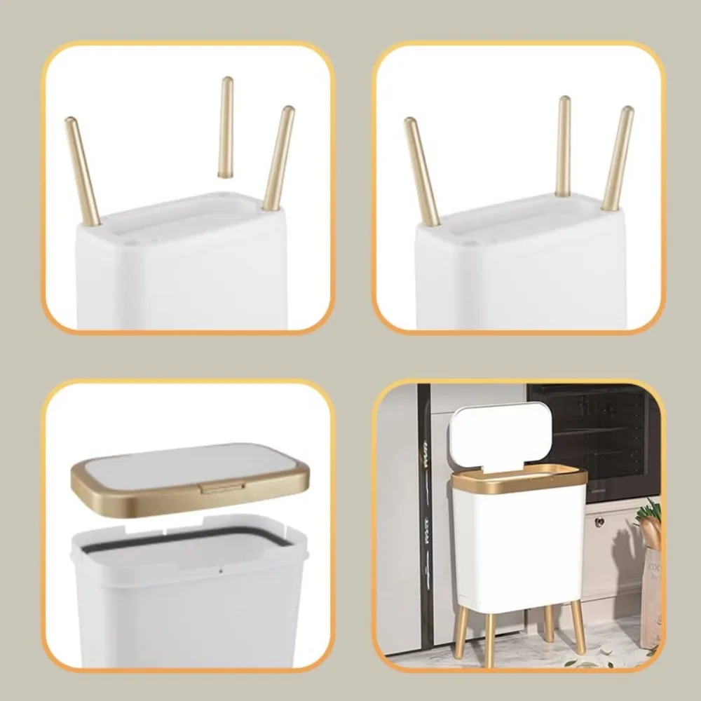 Poubelle de salle de bain en plastique mince moderne avec bord doré pour chambre à coucher, poubelle de conception étroite avec couvercle