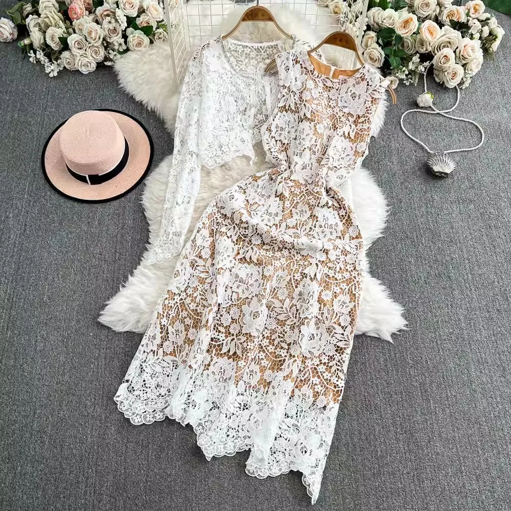 Runway Autumn Pink Lace Party Dress Suits Women Long Sleeve Diamonds Pearls Button Short Coat + Vest Midi Dresses Two Piece Set