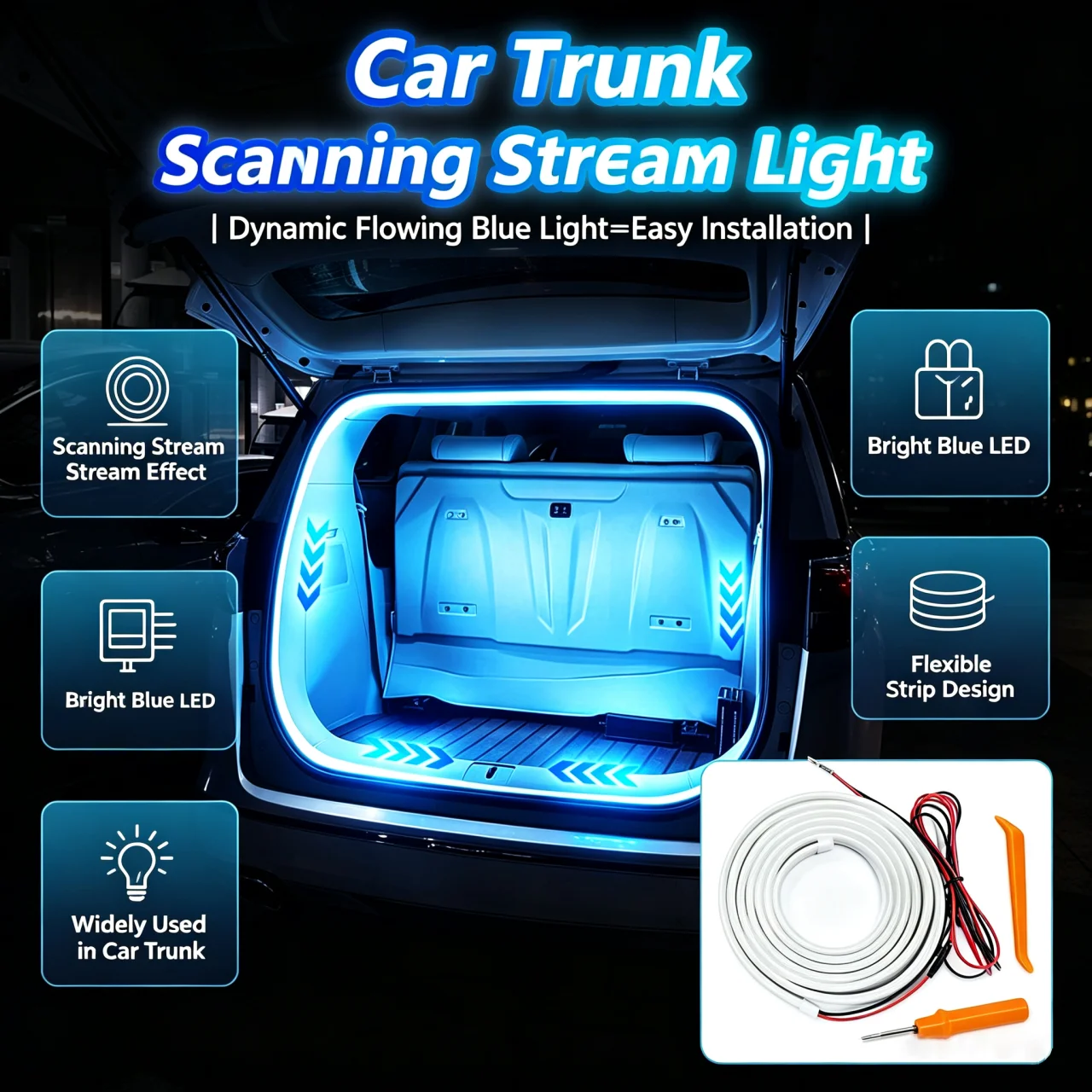 Car Dynamic Scanning Trunk Ambient Light 2/4M Interior LED Strip Wiring Free Auto Sensing Tailgate Stream Lighting