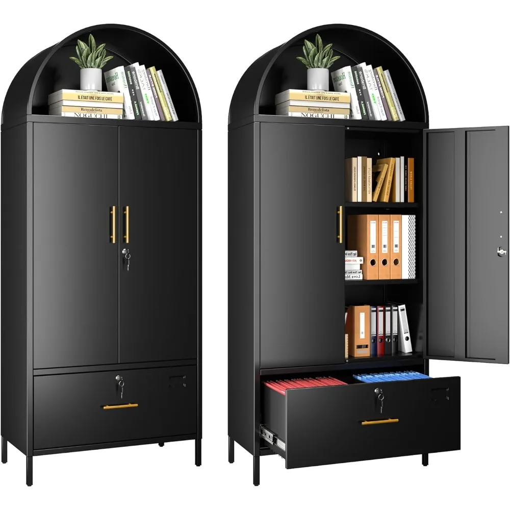 

Lateral File Cabinet, 73" Black Filing Storage Cabinet with 1 Lockable Drawer, Metal Arched Cabinets with Doors