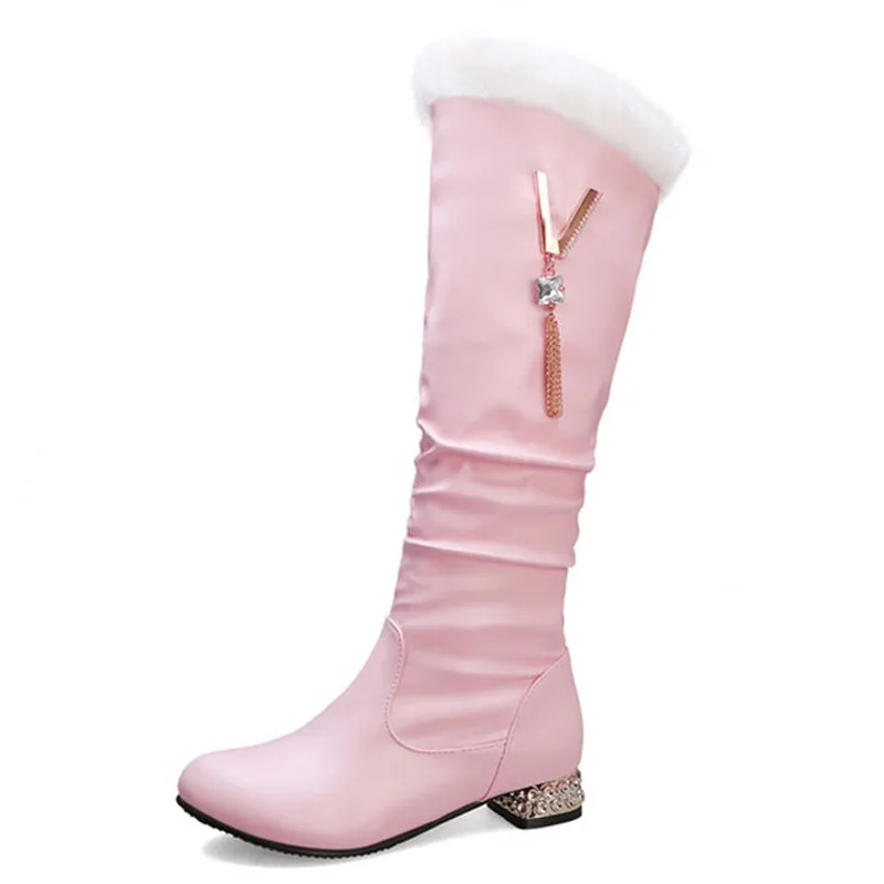 Winter Women Boots White Faux Fur Knee High Boots Rhinestone Round Toe Long Boots Low Heels Botas Mujer Warm Women Shoes WSH4934