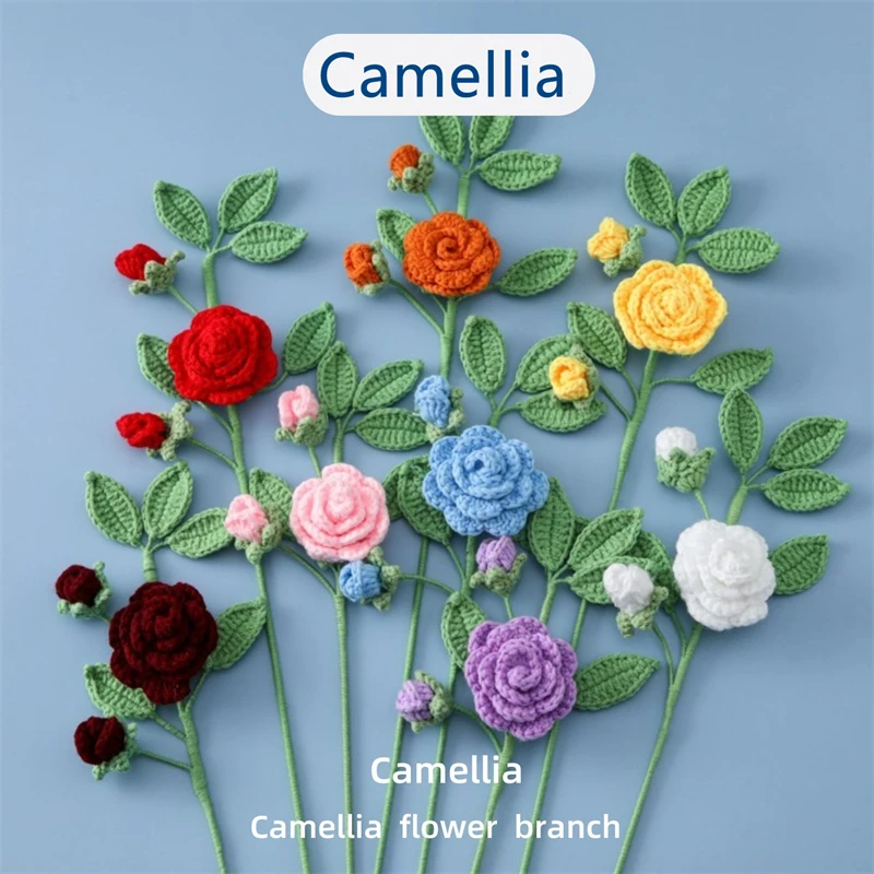 Heart Gift Woven Camellia Flower Branch Product Creative Eternal Flower With Bract Solid Color Simulation Flower 7cmx43cm