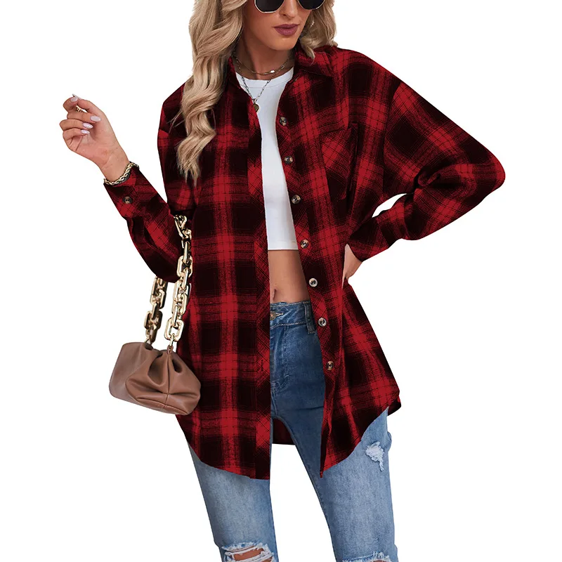 2023 New Autumn and Winter Fashion Simple Plaid Shirt Collar Panel Long Sleeve Temperament Casual Boyfriend Style Loose Shirt