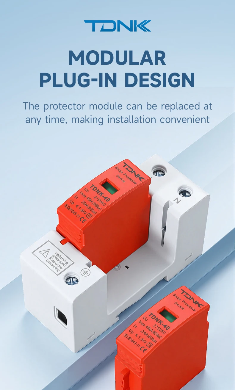 TDNK AC SPD 2P 20KA 40KA 275V 385V Überspannungsschutz für Häuser, Niederspannungsableiter, Blitzschutzgerät für Haus-PV-Systeme – Detail 4