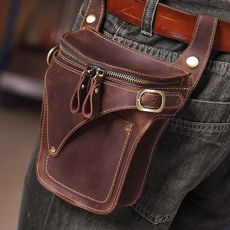 Men's Retro Double Zipper Waist Bag Solid Color Simple Outdoor Multi-functional Waist Bag Rivet Stitching Decor Large Capacity