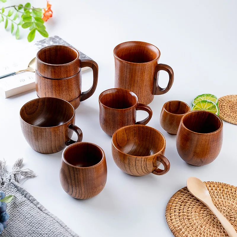 Wooden Cups Handmade Natural Spruce Drinking Wood Cups Beer Coffee Mugs Milk Water Teacup Kitchen Bar Drinkware with Handlebar