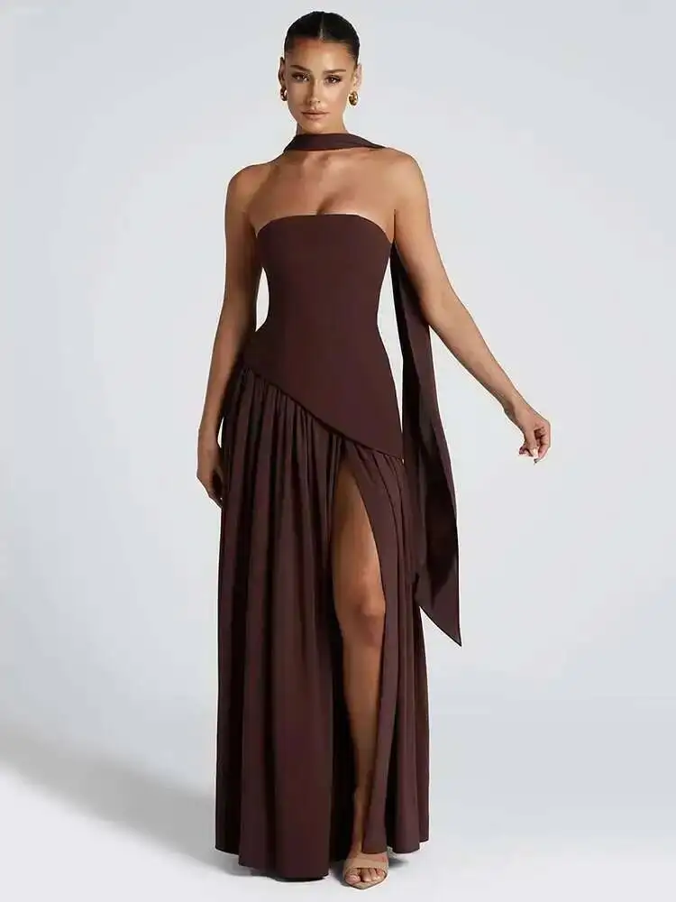 Robe Maxi Sexy sans bretelles, épaules dénudées, pour femmes, Patchwork, col écharpe, cuisse haute, fente, robe longue de soirée en boîte de nuit, hauts NOJ8