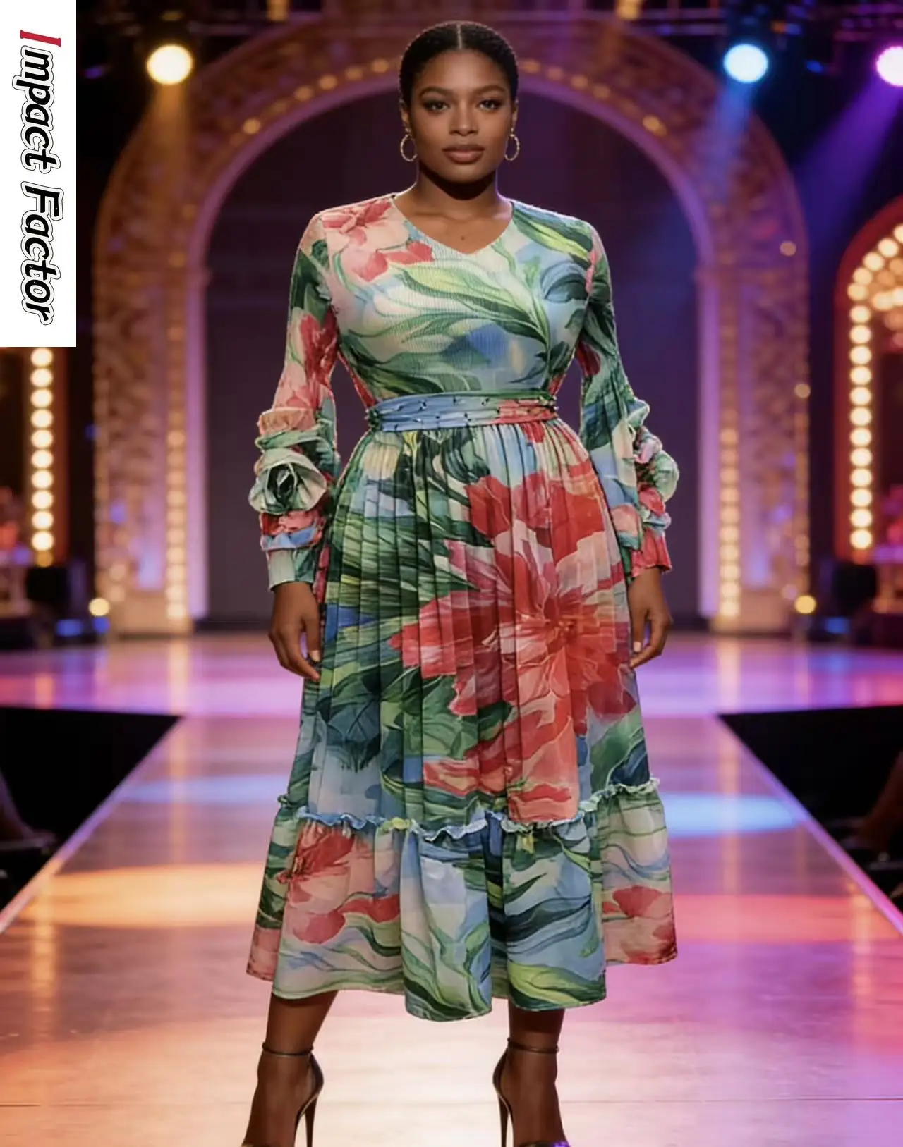 

Miyake Loose 2026 Spring New Women's Fashion Dresses Slim V-neck Printed Pleated Casual Dress