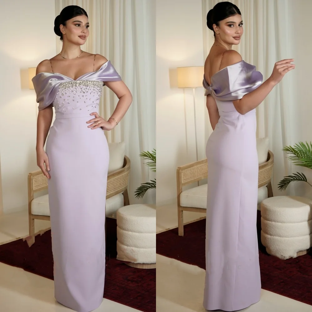 

Customized Formal Jersey Pleat Sequined Straight Off-the-shoulder Midi Dresses Celebrity Bespoke Occasion Modern Style