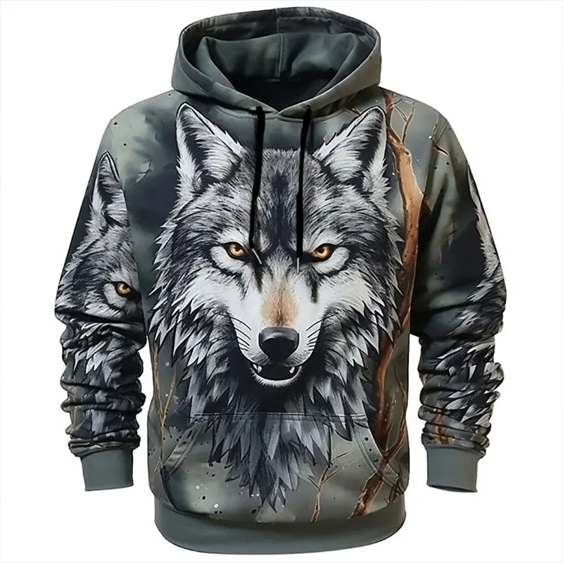 

Vintage Wolf Graphic Hoodie For Men 3D Print Animal Pattern Fashion Cool Pullover Top Autumn Creative Design Long Sleeve Clothes