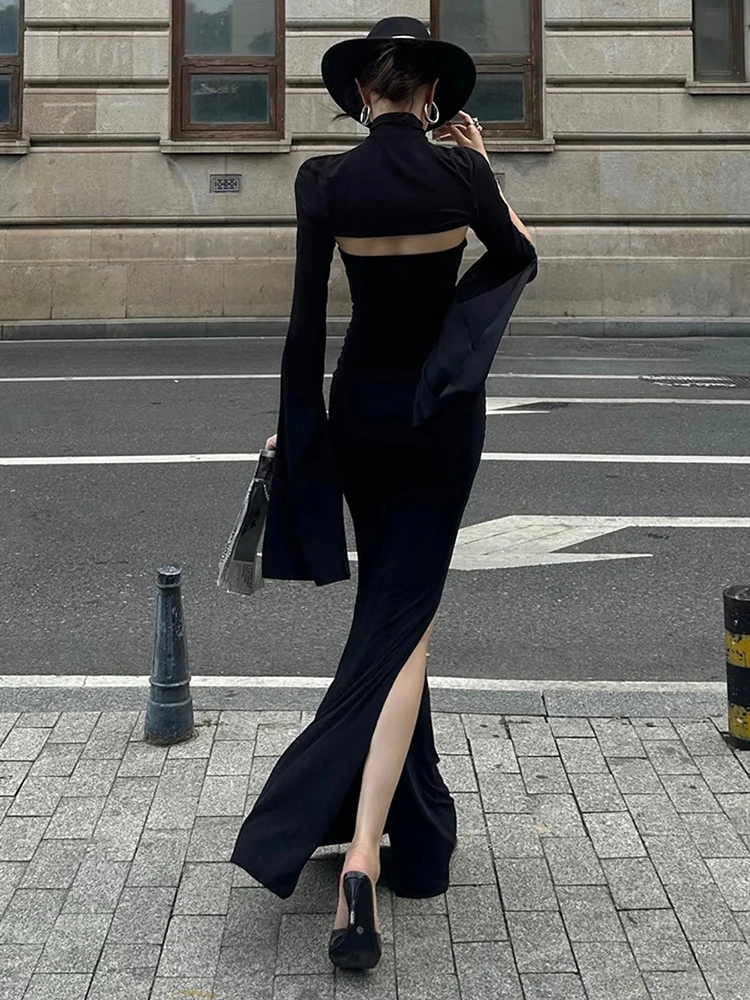 Estranho gato clássico conjunto de 2 peças feminino sem alças split maxi vestido + super curto meia manga gola alta topo combinando roupas elegantes