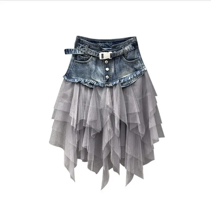 

2023 Summer Tulle Skirt Gothic Punk Women High Waist Irregular Denim Skirts Club Party Mesh Patchwork Short Jeans Jurken p1032