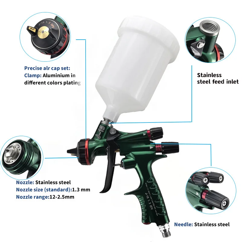 2025 جديد المهنية الصف سبيكة الجاذبية تغذية 1.3 مللي متر الهواء بندقية رذاذ J-15 عالية كفاءة نقل طلاء السيارات