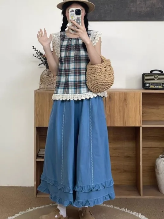 Ele Embroidered Cotton Linen Wide Leg Pants High Waist Nine Points Loose Fit Casual Trousers for Women Summer 2025