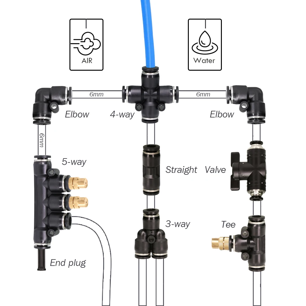 OD-6MM PE PU Tubing Fittings Quick Push Water Pipe Connecter Cross Tee Elbow Straight Valve Coupling Adapter Micro Irrigation