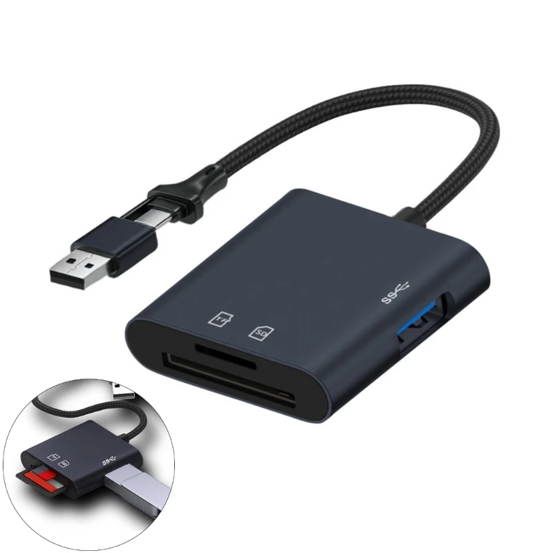 U55C USB3.0 Card Reader with Double USB A and USB C for Cards Fast Speed