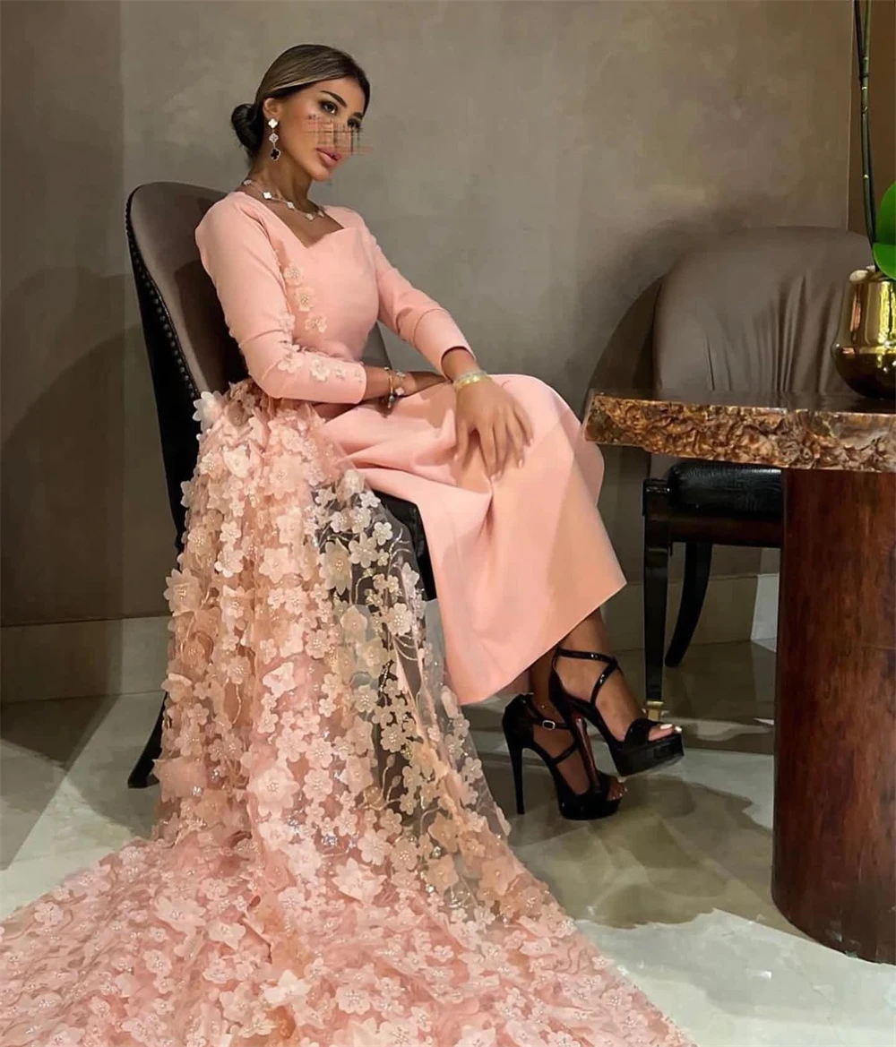 Square Neck Long Sleeve Lace Formal Occasion 2023 Women Evening Gown Islamic  Abendkleider