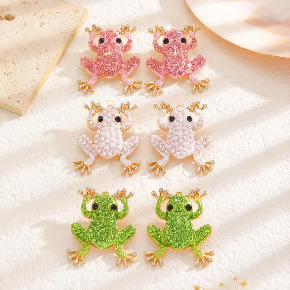 Unique Alloy Jewelry Frog Jewelry for Women Rhinestone Frog Stud Earrings Sparkly Brooch Pin Vintage Boho Summer Beach Statement