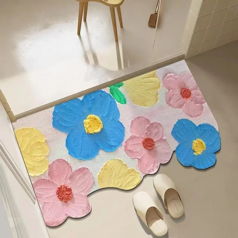 Soft Diatomite Mat Ins Flower Diatomaceous Earth Bath Mat Non-slip Bathroom Tub Carpet Quick Dry Women Room Door Rug Absorbent