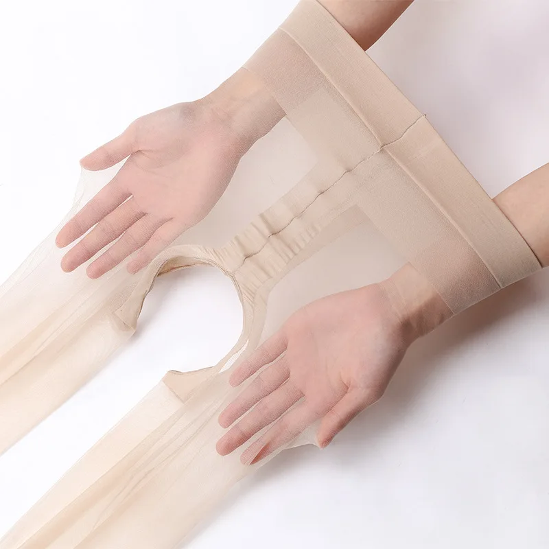 DOIAESKV رقيقة جدا جوارب مثيرة للنساء مفتوحة المنشعب T-Crotchless بسط النايلون جوارب طويلة شفافة تخزين ضيق