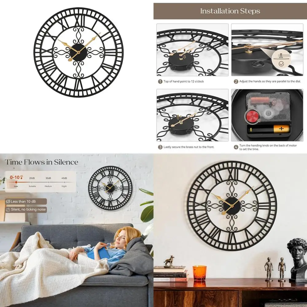 

20 Inch Black Wall Clock with Roman Numerals, Battery-Powered and Silent for Home Decor