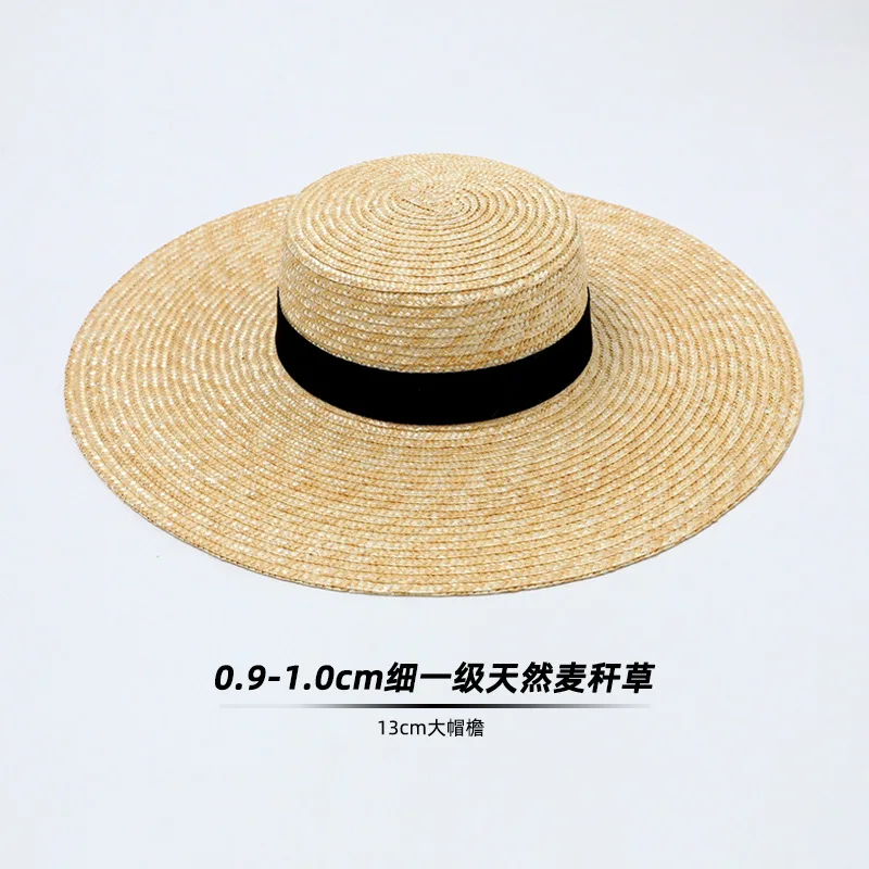 Wheat Straw Flat Top Hat for Women, Summer Wide Brim Fashion Woven Beach Vacation Flat Brim Fedora