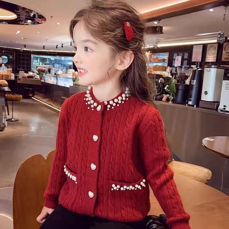 Girls' Sweater Cardigan Spring and Autumn New Fashionable Children's Fried Dough Twists Knitted Long Sleeve Coat