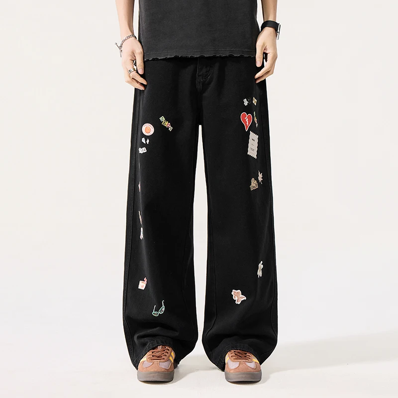 Trendy Black Wide Leg Men's Printting Jeans Loose Straight Draped Print Loose Casual Denim Long Pants 2026 Chic New
