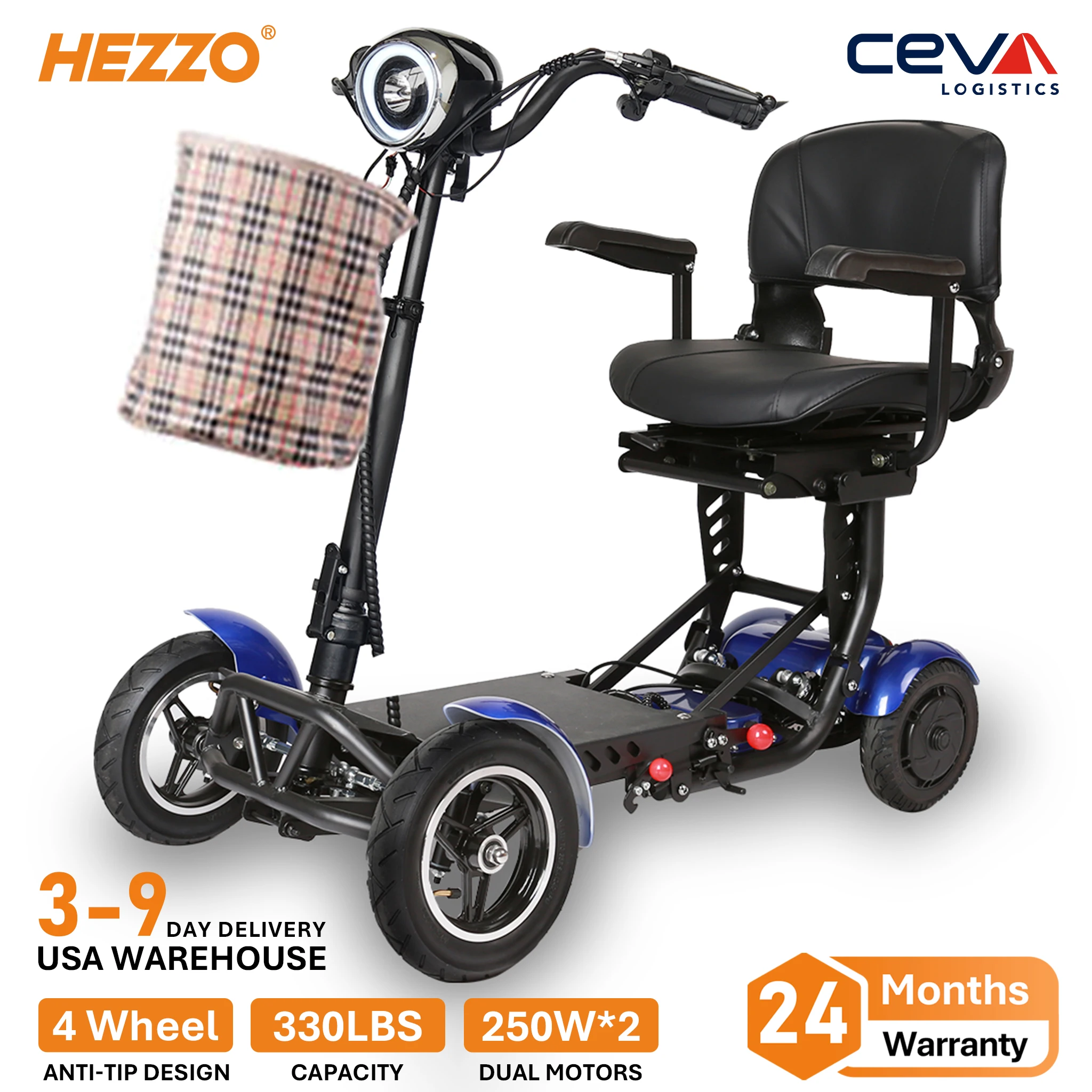 

HEZZO T2 Foldable 4-Wheel Mobility Scooter for Seniors 36V Dual Motor 330LBS Capacity US Stock 1-Year Warranty