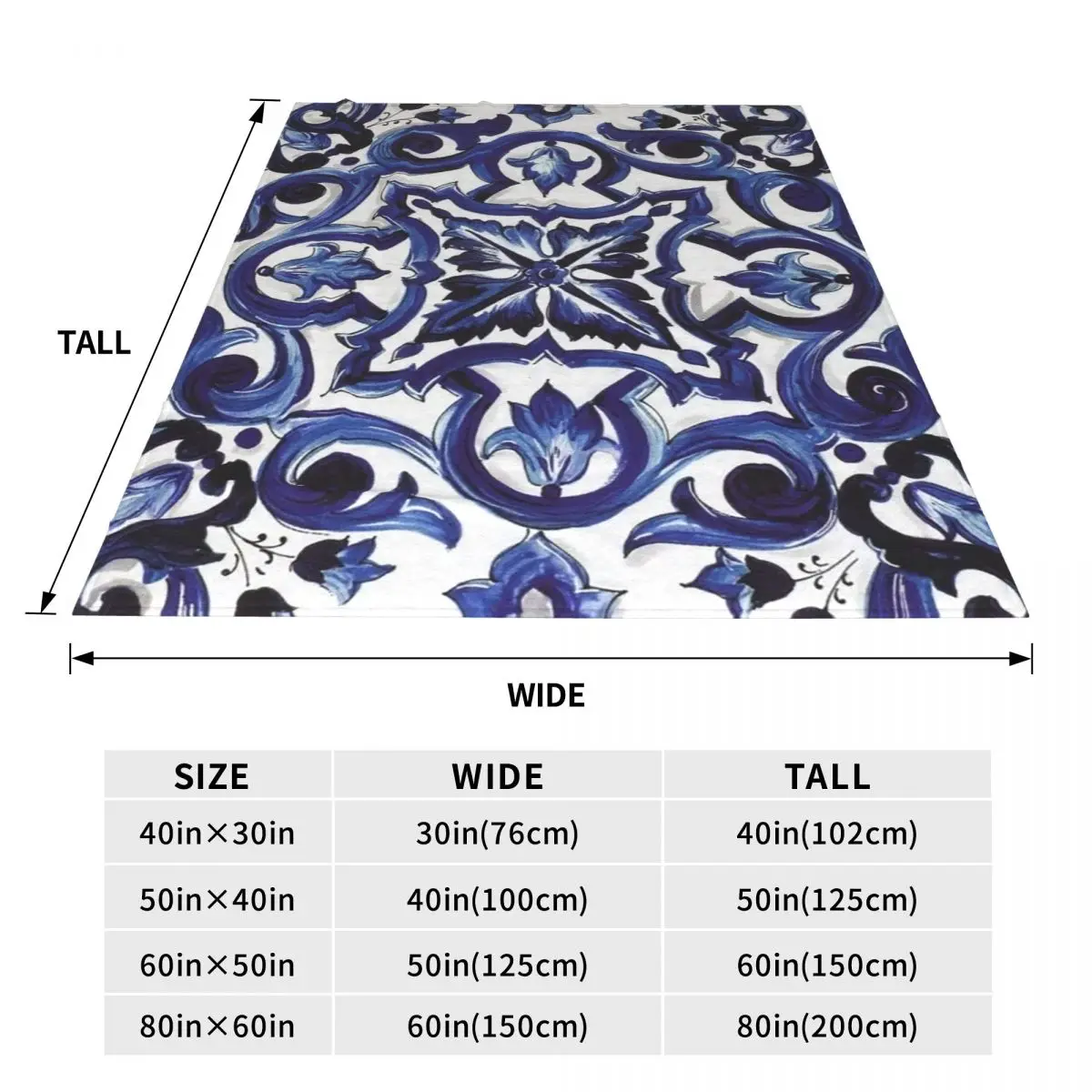 Blue Ornate Floral Mediterranean Sicilian Tile Blankets Flannel Blanket Warm for Couch Bedding Outdoor Throws Bedspread Quilt