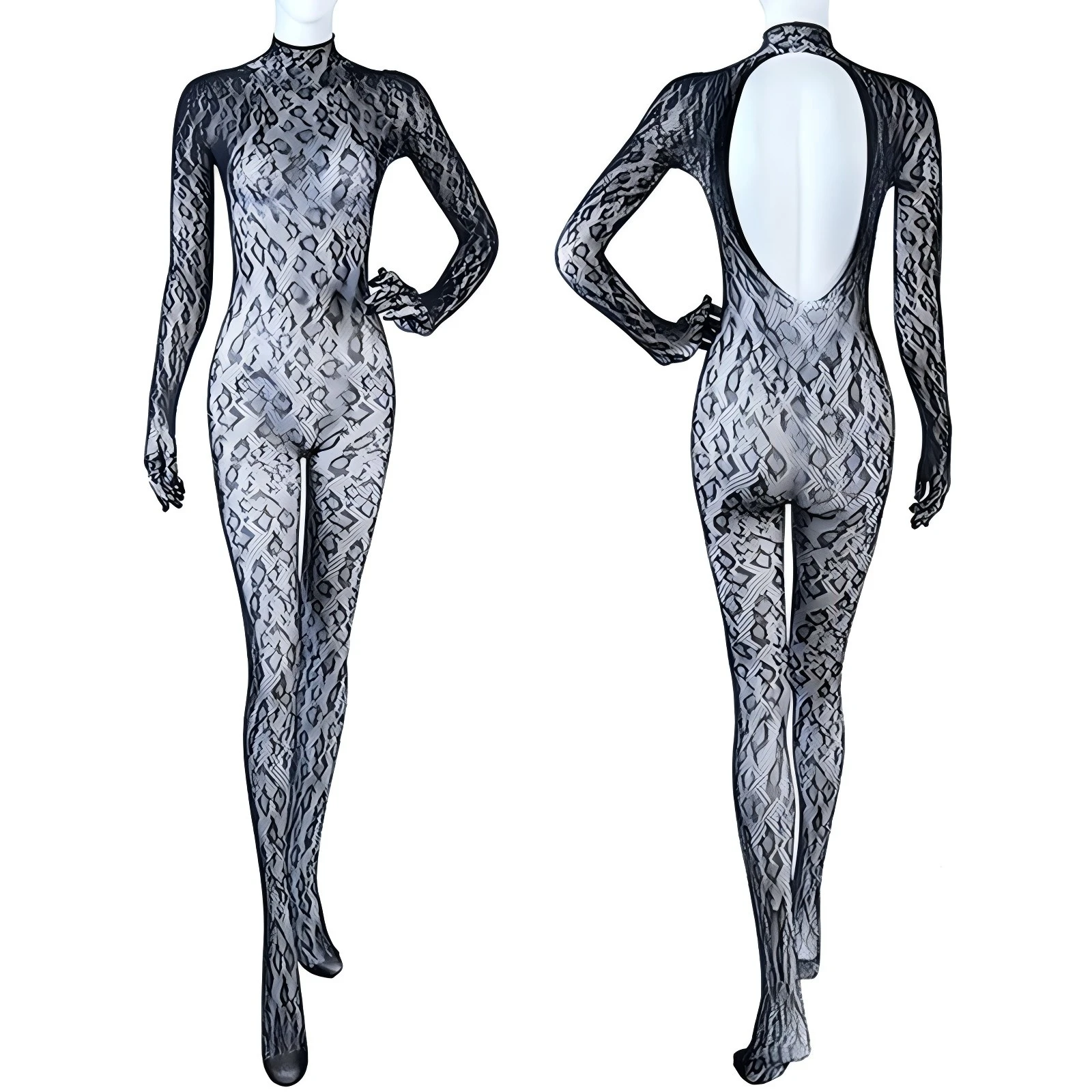 New Sexy Crotchless Lingerie Women Backless Cutout Bra Set Mesh See Through Bodystocking Full Sleeve Leopard Print Underwear Set