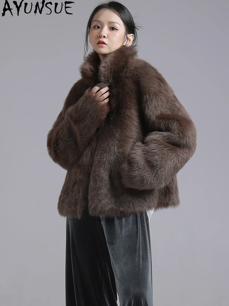 معطف فرو من جلد الغنم الطبيعي من AYUNSUE للنساء جاكيت من الجلد الحقيقي سترات شتوية ملابس فاخرة للسيدات بياقة واقفة Schumbu Жеenca