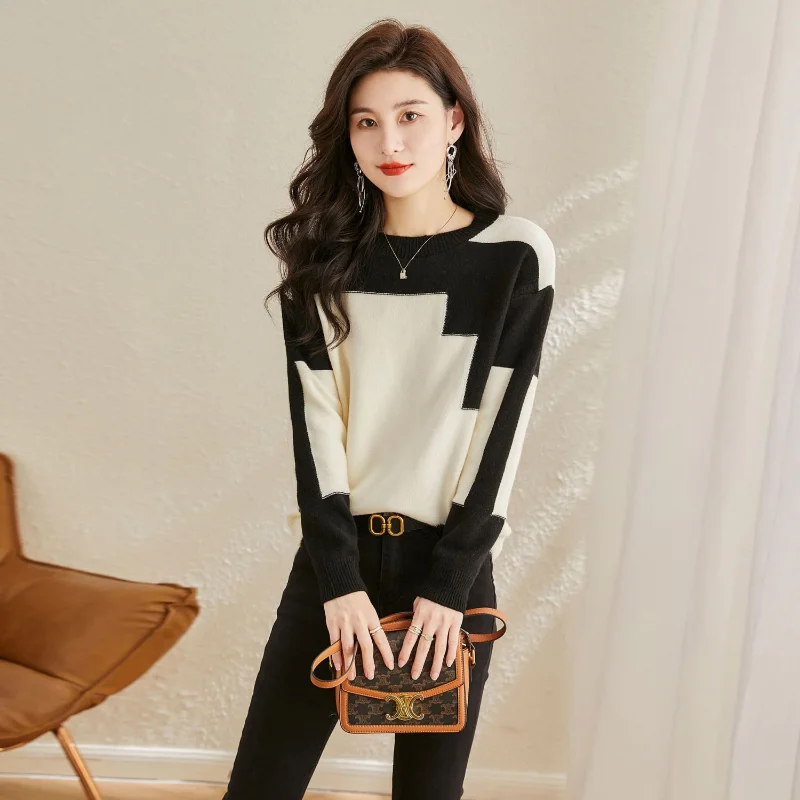 2023 Autumn/Winter New Round Neck Long Sleeve Sleeves Show Thin Contrast Knit Bottom Shirt Temperament Office Lady Women\'s Top