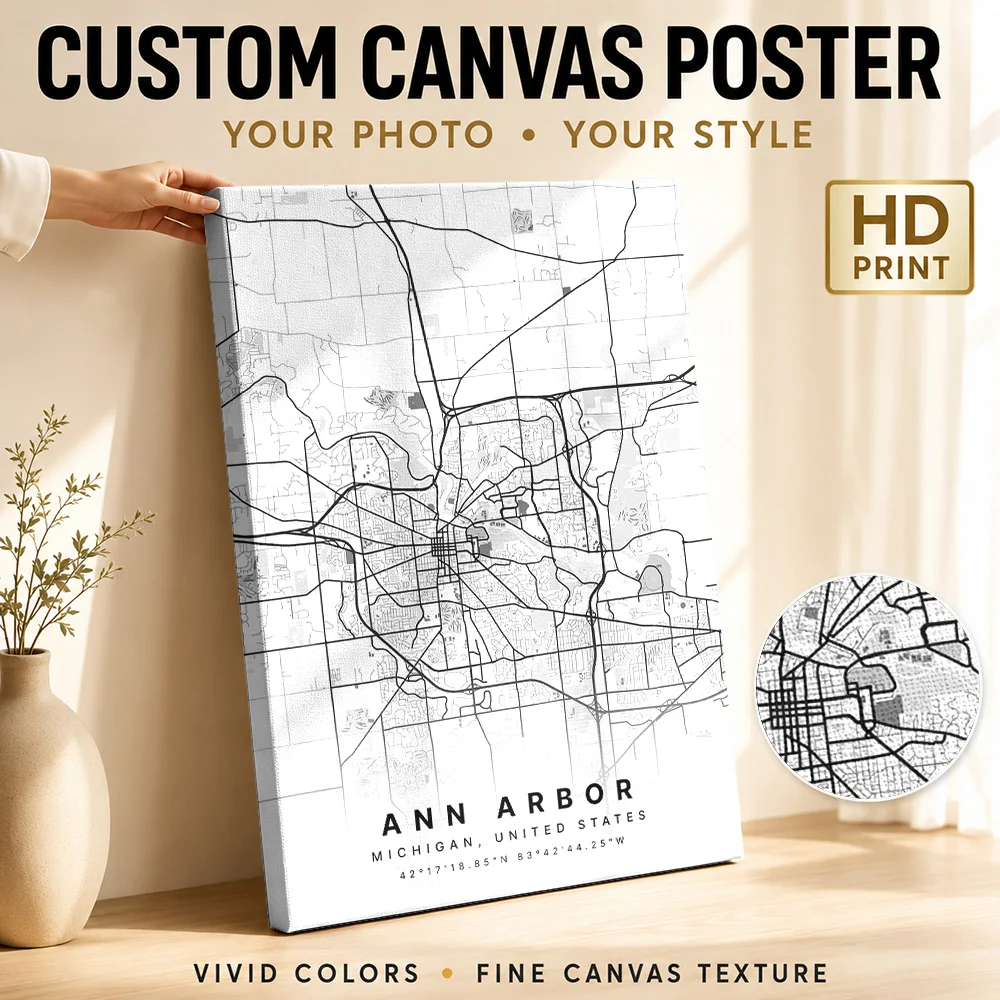 Ann Arbor Michigan City Map Gallery Wrapped Canvas Print Customized Photo Detailed Urban Cartography Wall Art For Living Room