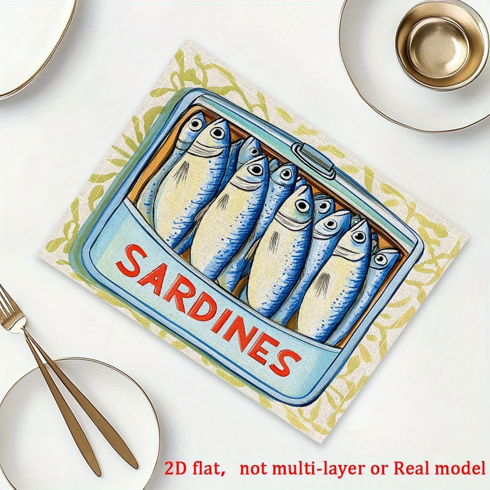 Sardine Can Artwork Placemats - Vibrant Print Polyester Table Mats, Kitchen & Dining Decor with Realistic Sardine Can Design