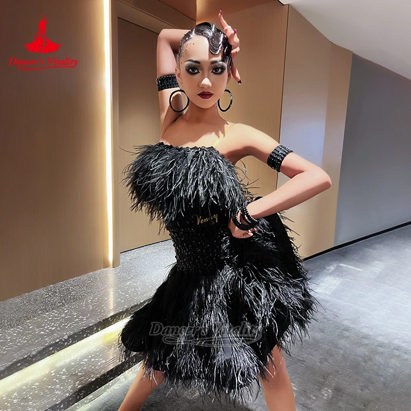 Teenagers Latin Dance Feather Style Sling Dress Women Adult Chacha Samba Contest and Perform Clothes Customize Dancer's Vitality