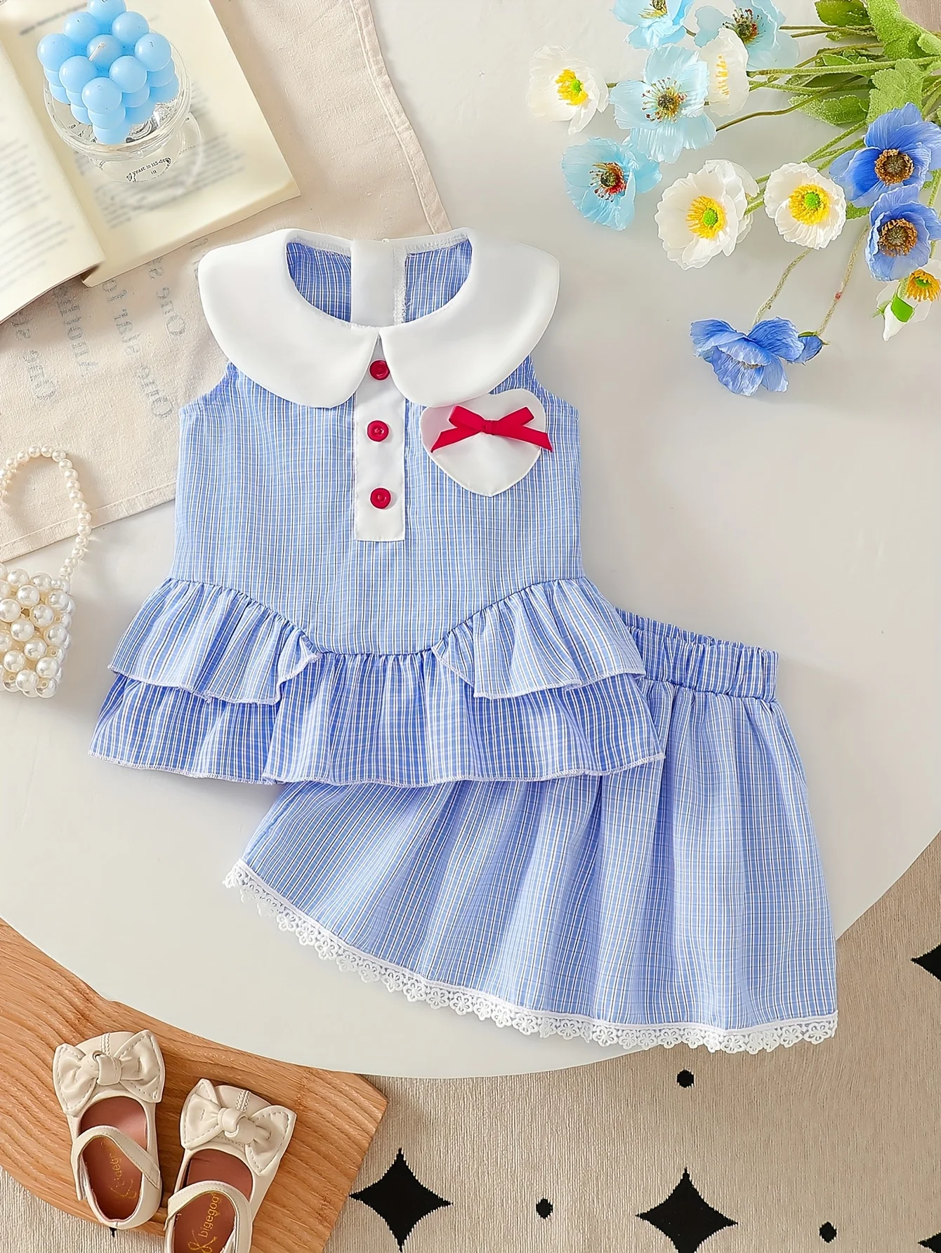 

Подарок на день рождения для девочки на День святого Валентина: комплект синей клетчатой одежды: топ с воротником + шорты с рюшами, милая одежда из двух предметов для малышей