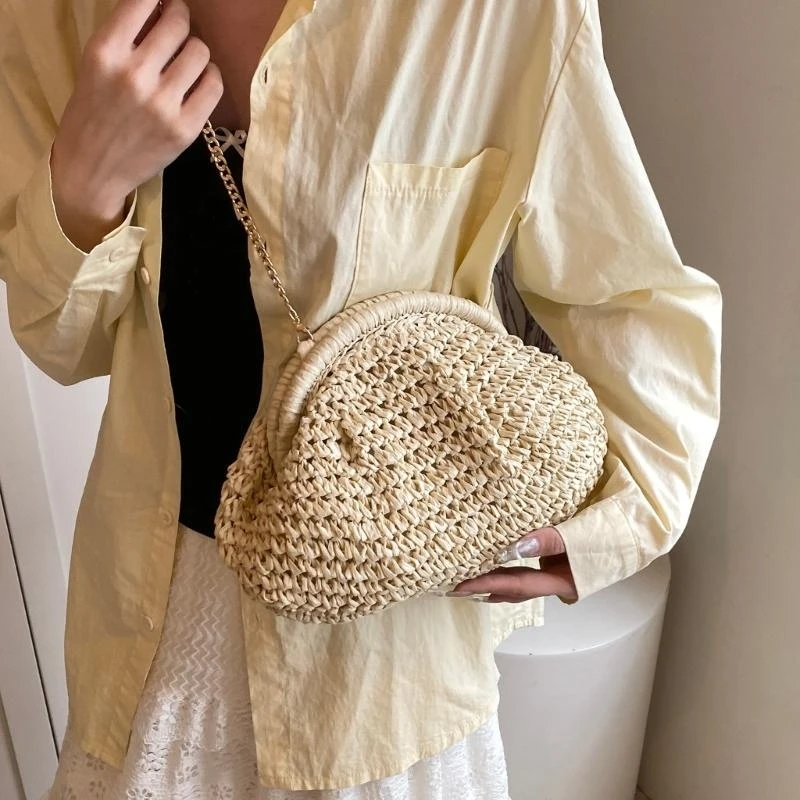 Travel Beach Woven Straw Clutch Purse Chain Handbag Lightweight Crossbody Shoulder Bag For Women