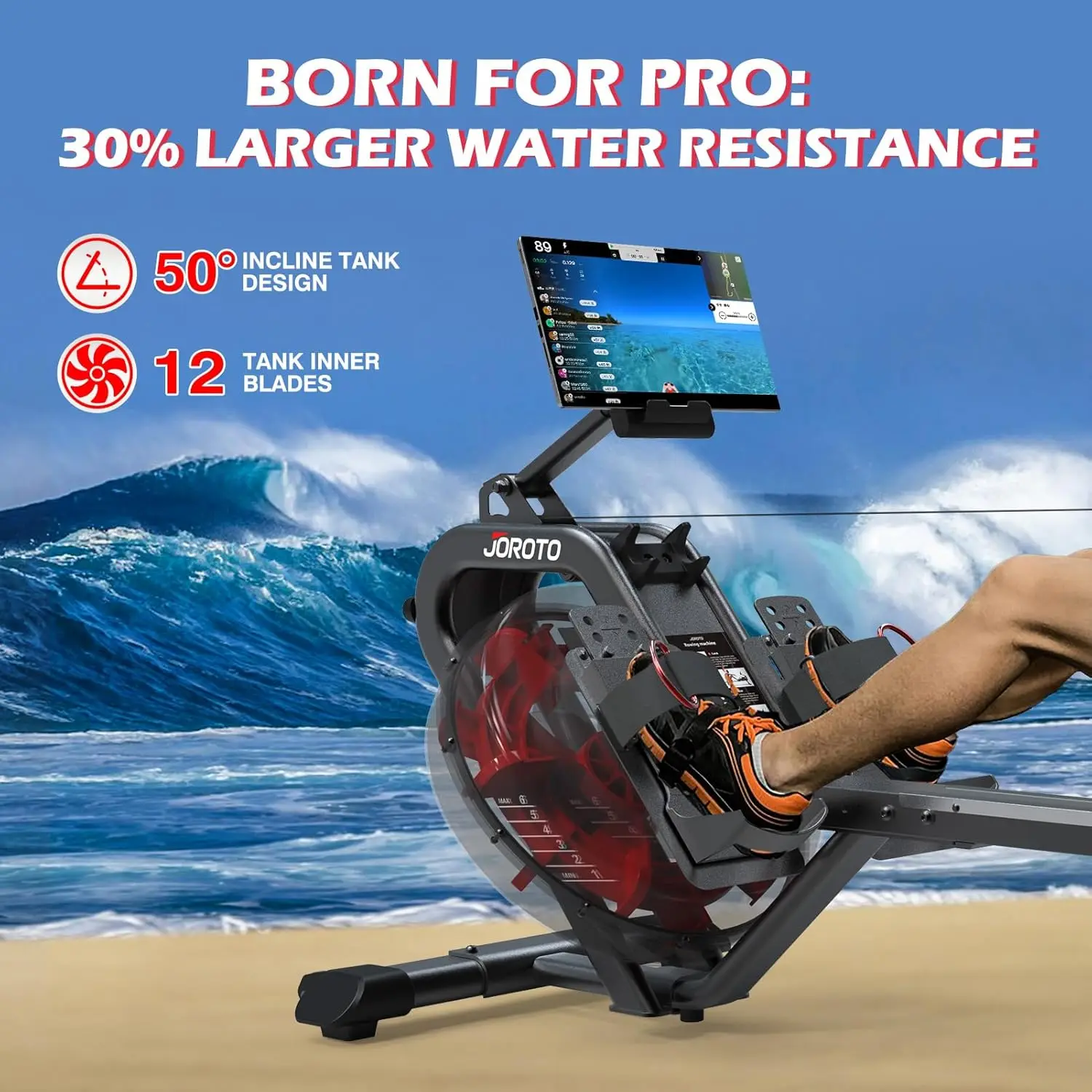 Water Rowing Machine for Home Use, 50°Incline Enhanced Resistance Rower 330 Lbs Weight Capacity with Bluetooth Connection