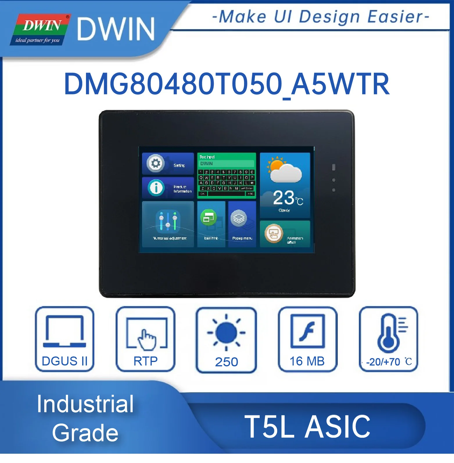 DWIN 800*480 LCM HMI Monitor Touch Screen IPS-TFT-LCD Module With Shell Support Arduino, STM32 DMG80480T050_A5W