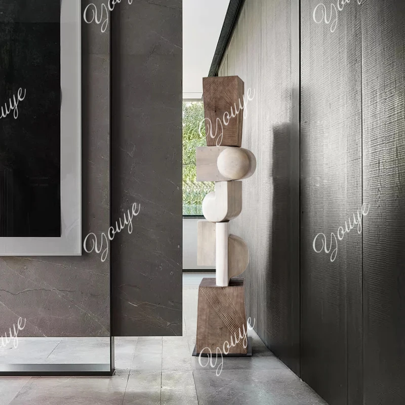 

Hotel entrance wood carving ornament floor-to-ceiling large abstract sculpture artwork staircase decoration