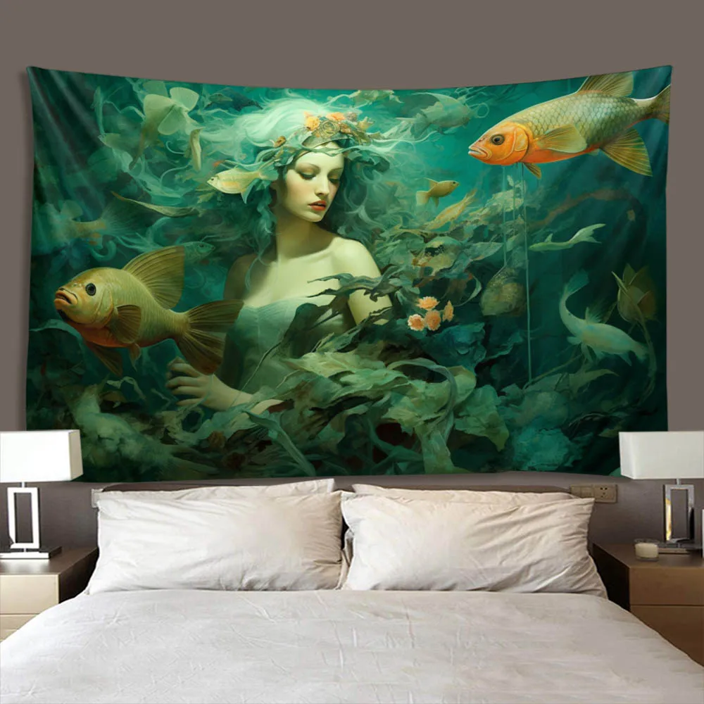 Fantasy Underwater Dolphin & Fish Oil Painting Tapestry Wall Decor Art Living Room Home Decorative Hanging Fabric Tapestries
