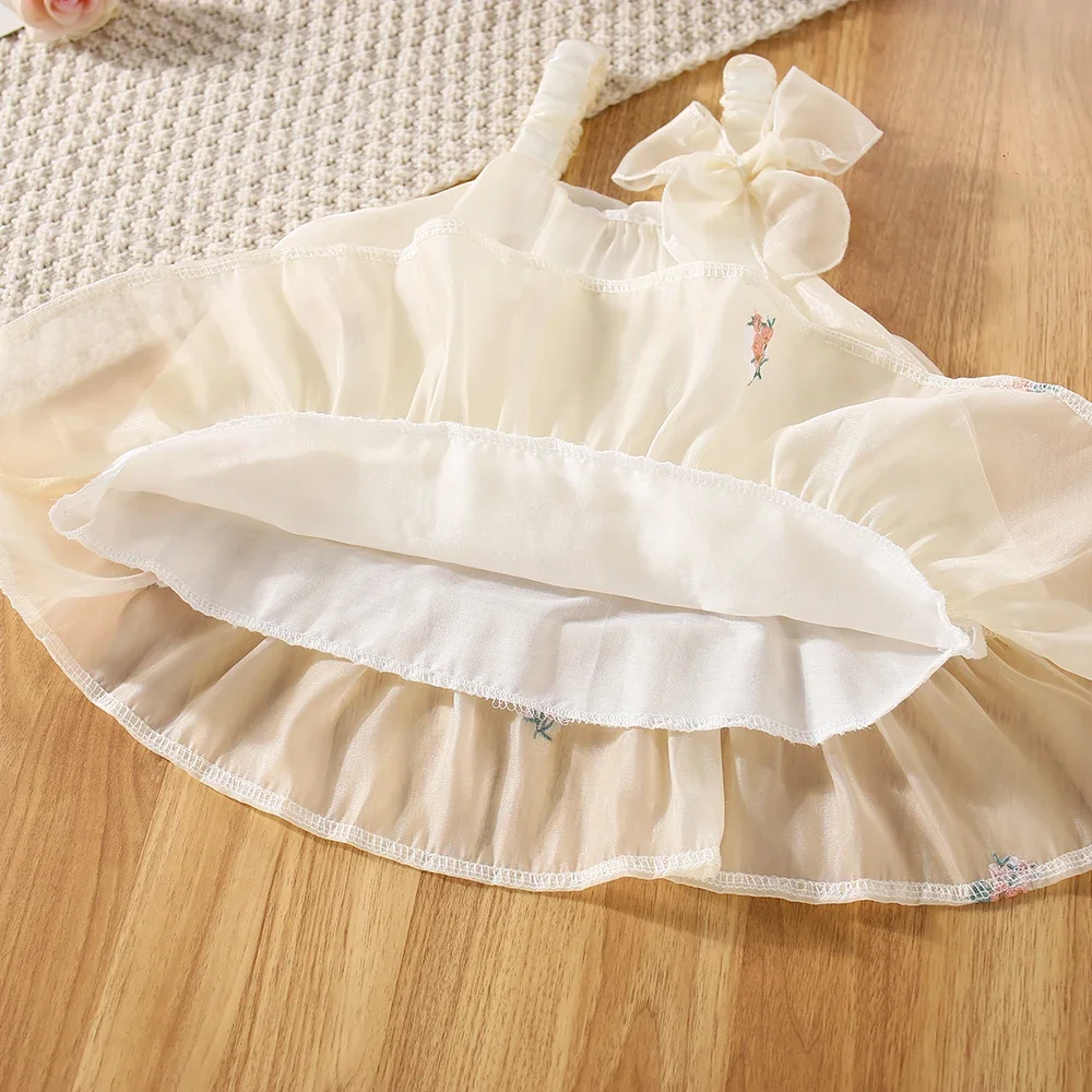 (Girls 0-3 Years Old) Summer New Girls Dress with Halter Bow Ribbon Shoulder Lace Ruffle Embroidery Flower Delicate Dress