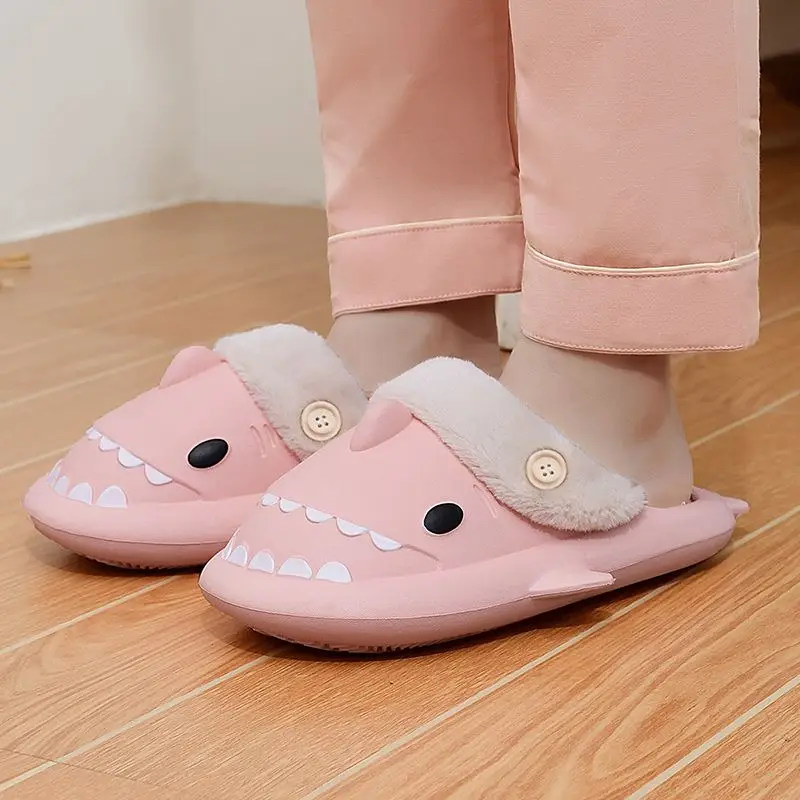 Autumn Winter Buttons Shark Slippers Women Warm Plush Indoor Slides Men Soft Cartoon Non-slip Flat Sandals Adults Cute EVA Shoes