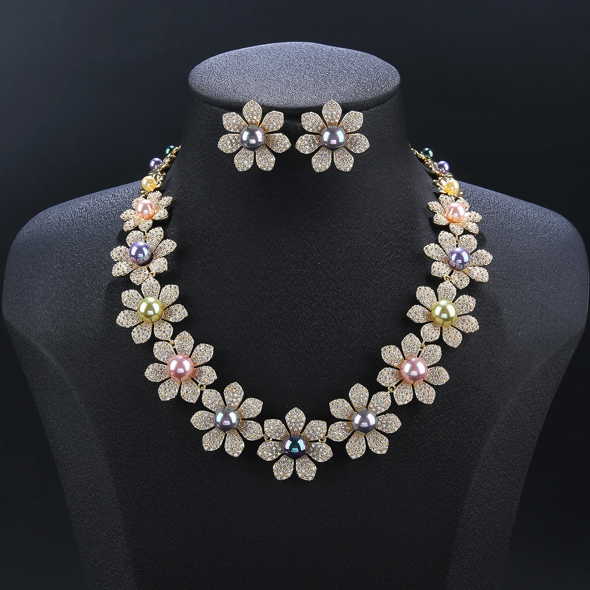 Luxury Cubic Zirconia Colors Pearl  Flower Necklace Earrings Jewelry Sets Luxury Bridal Wedding Accessories CN11511