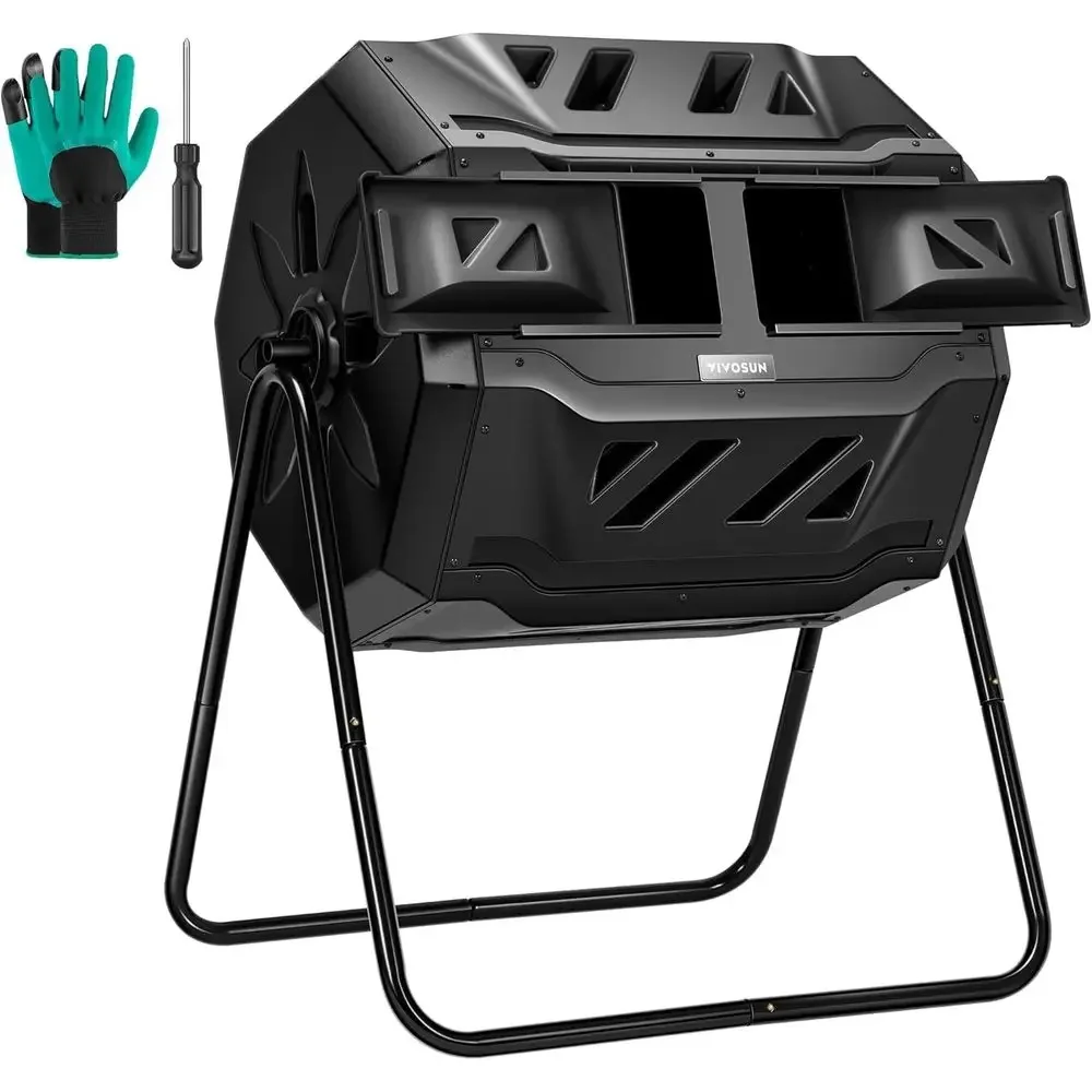 Dual Rotating 43 Gallon Outdoor Tumbling Compost Bin with Black Door