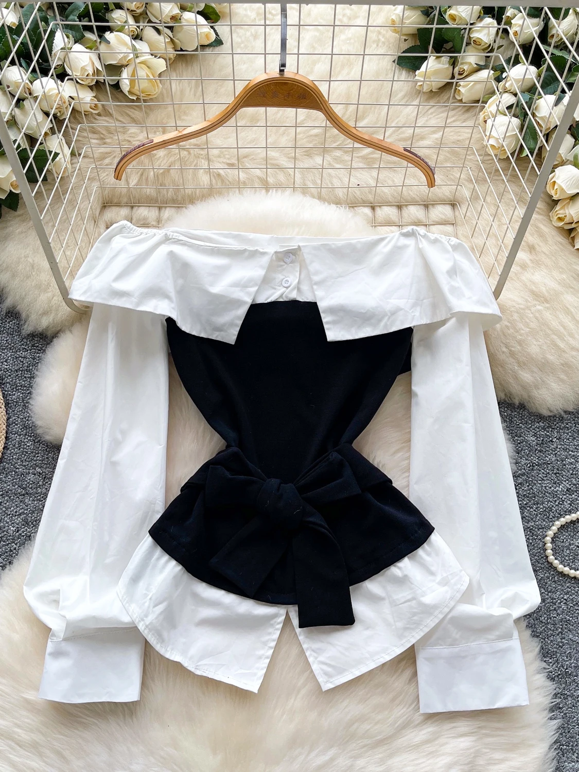 

Women's Black Patchwork Shirts Blouses Vintage Y2k Aesthetic Elegant Fashion 2000s Long Sleeve Off Shoulder Shirt Clothes Autumn